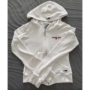 VTG Y2K Tommy Girl Hilfiger Full Zip Sweater Hoodie Waffle Knit White Small
